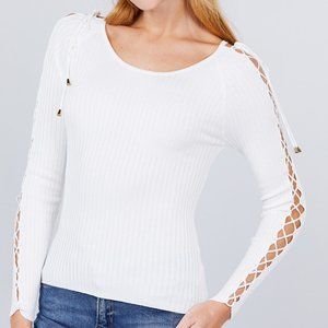 Women's Long Sleeve W/strappy Detail Round Neck Rib Sweater Top White NWT